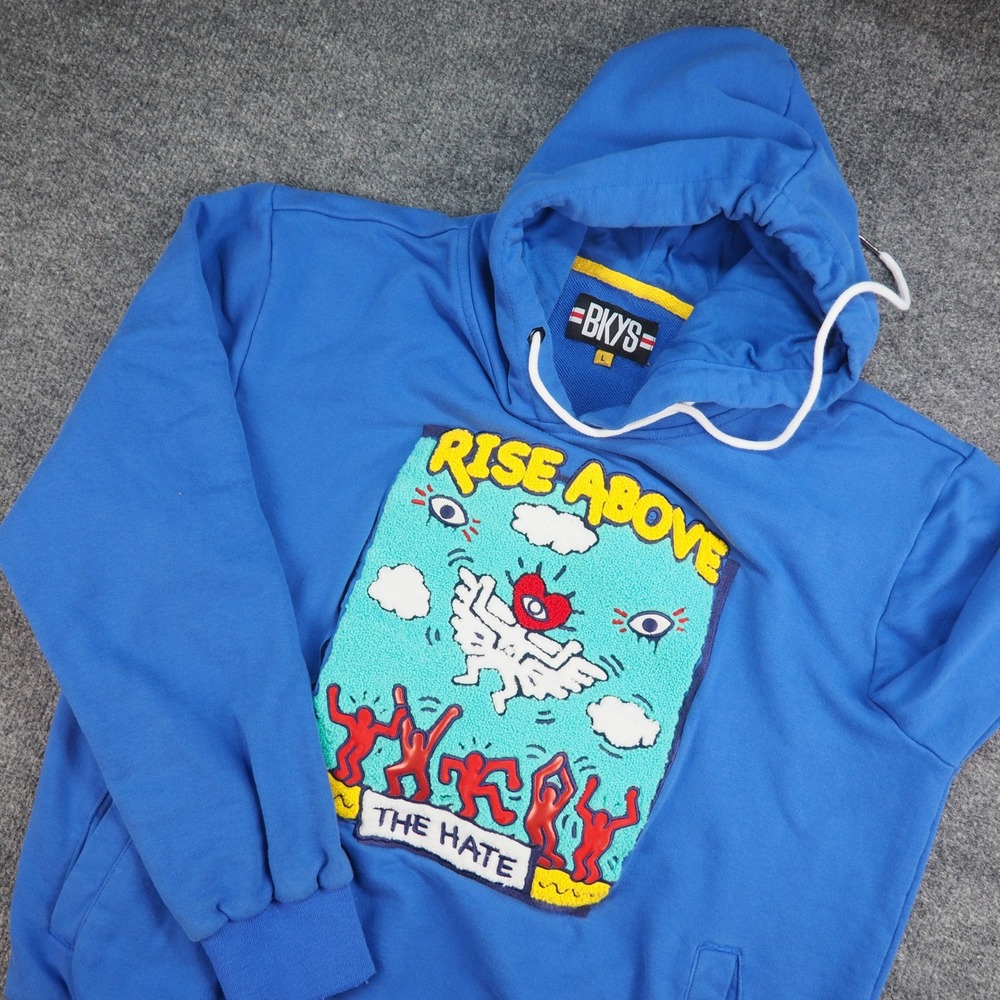 BKYS Hoodie Mens Large Blue Rise Above The Hate Chenille Graphic Streetwear